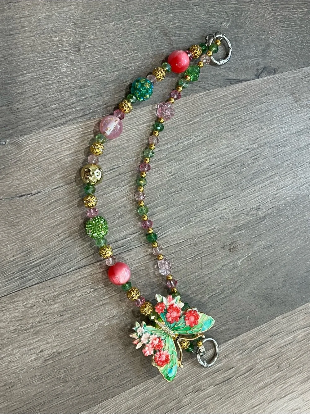 Handcrafted Butterfly Charm Beaded Bracelet - Green & Pink